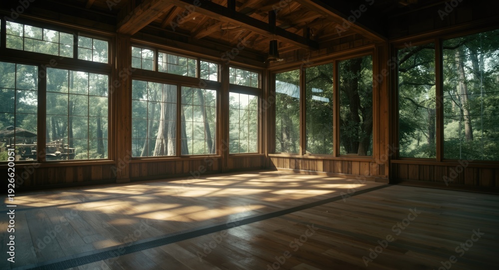Fototapeta premium Spacious interior with warm wood elements and lush greenery outside windows