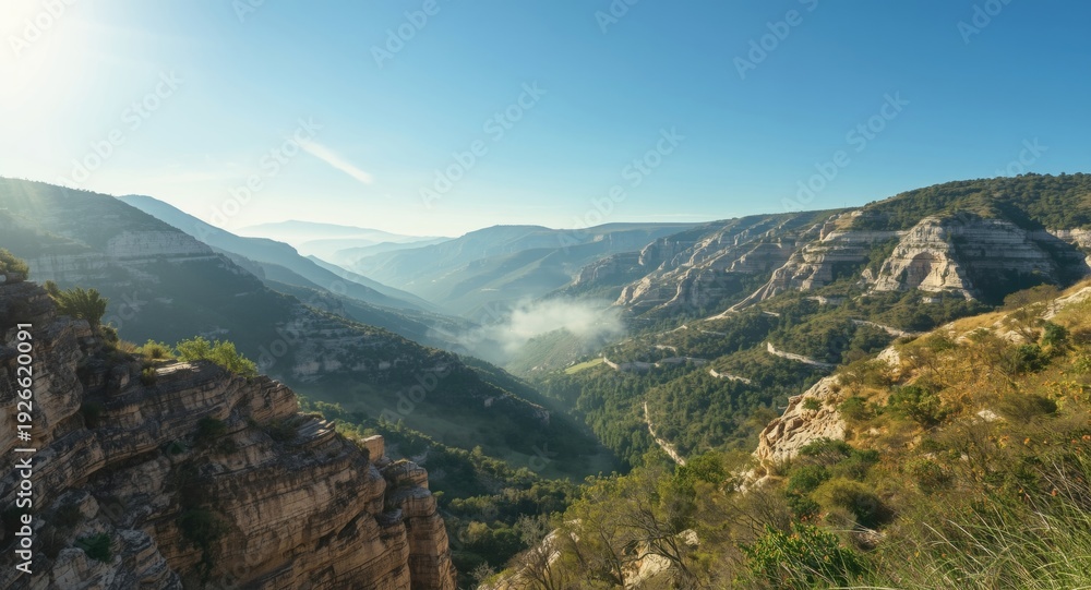 Fototapeta premium Scenic panorama highlighting layered limestone hills and valleys