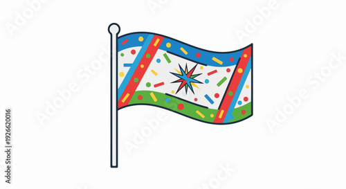 Colorful Mardi Gras Flag Waving with Confetti and Festive Pattern, Isolated on White