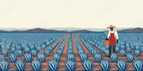 A lone farmer stands in a vibrant lavender field with mountains