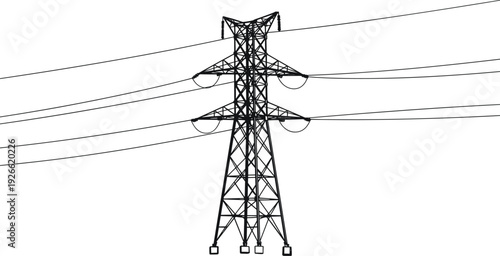 High voltage electricity transmission tower, steel power pylon structure, electric utility pole, energy grid system, black line vector illustration