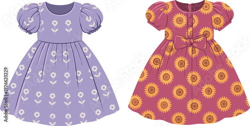 Cute toddler girl dress design, puff sleeve, floral print, back bow detail, CAD flat sketch, fashion vector, kidswear template