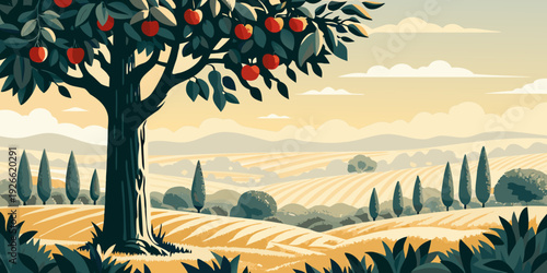 A stylized illustration of an apple tree overlooking a rolling landscape