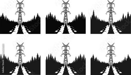 Set of High Voltage Power Line Pylons, Urban Utility Poles, Tangled Wires Silhouettes, Industrial Electrical Grid Infrastructure, Energy Transmission Network,