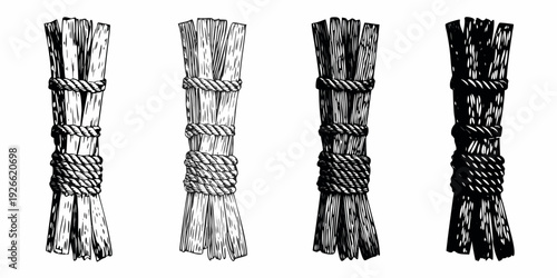 Four bundles of wheat stalks tied with rope black and white illustration