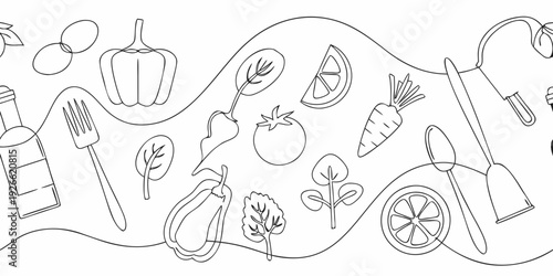 A seamless pattern of hand drawn vegetables fruits and gardening tools