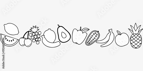 A black and white illustration of various fruits arranged in a line