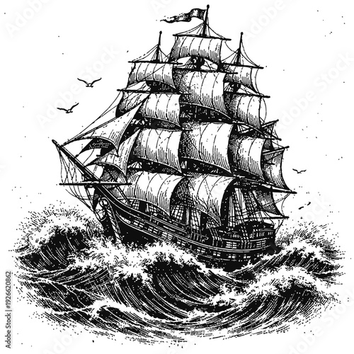Dramatic Black & White Engraving of a Grand Tall Ship Braving Turbulent Ocean Waves, Sails Fully Set Against the Mighty Sea. A Vintage Maritime Scene Depicting Strength, Adventure, and the Enduring Sp