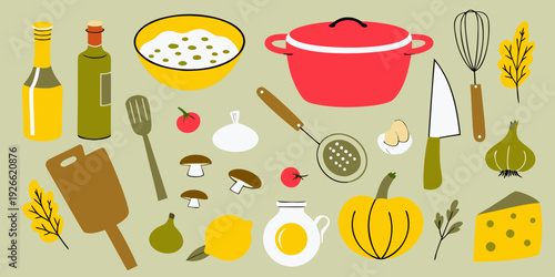 Colorful illustration of cooking ingredients and kitchen utensils on a green background