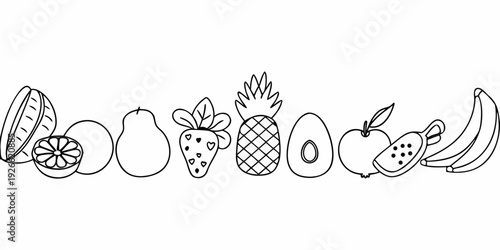 A hand drawn illustration of various sliced and whole fruits