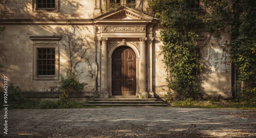 Fototapeta premium Abandoned manor house with elegant doorway and sunlit shabby walls featuring copyspace