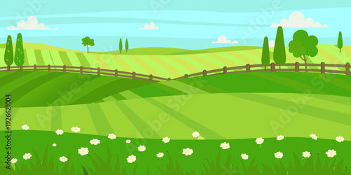 A vibrant cartoon landscape depicting rolling green hills and a blue sky