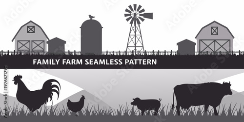 A black and white farm scene with barns windmill and animals