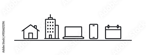 Hybrid work model balancing remote and office collaboration for flexible productivity and modern workforce efficiency, house icon, office building