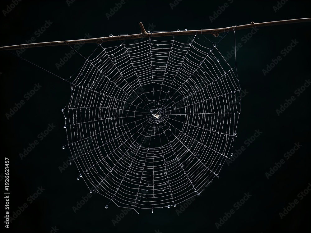 Fototapeta premium Intricate Spiderweb against a dark background, illustrating a concept of survival and resilience. The delicate structure of the web showcases the beauty of nature.