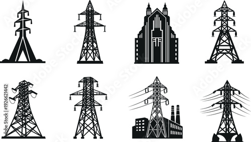Set of high voltage transmission electricity pylon icons, power line tower silhouettes, industrial energy infrastructure, electrical grid and power plant symbols