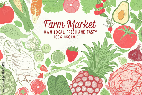 A colorful illustration of fresh produce and farm market goods