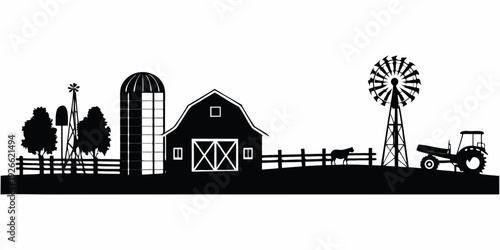 A black silhouette depicts a rural farm scene with buildings and equipment