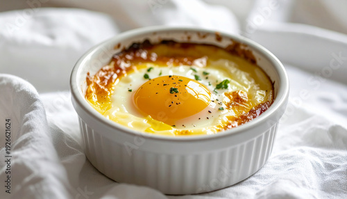 French oeufs en cocotte baked in cream, silky yolk breaking open, tasty food, delicious meal, breakfast