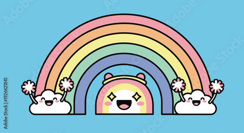 A cheerful cloud holding a pom-pom under a rainbow, ideal for uplifting and positive content.