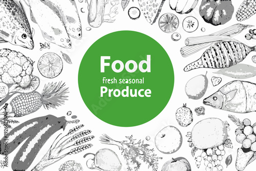 Vintage style illustration featuring various fresh food and seafood items