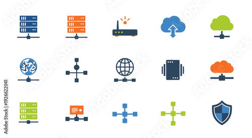 A collection of colorful computer network icons representing various technology concepts