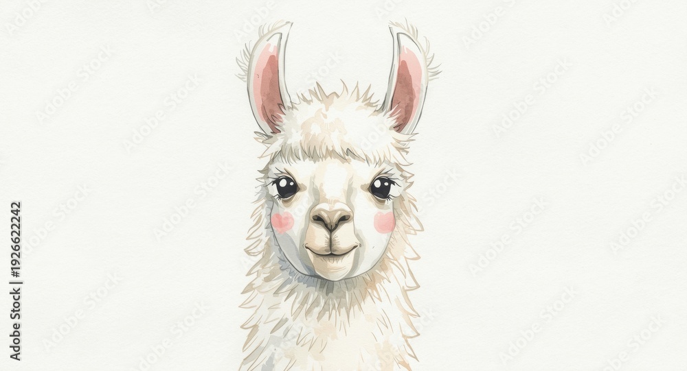 Naklejka premium gentle watercolor depiction of a cuddly white llama in American cartoon style for textile prints