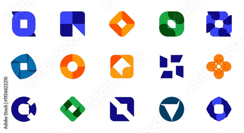 A collection of colorful geometric logos and icons on a clean white background, modern style