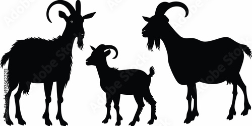 Silhouette illustration of a family of three goats in a field