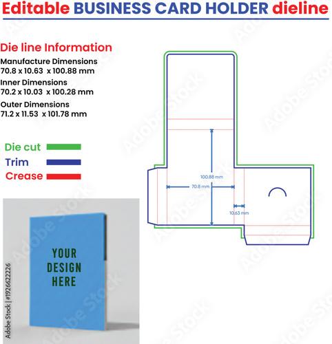 Business card holder die line template with dimensions and instructions dieline die cut