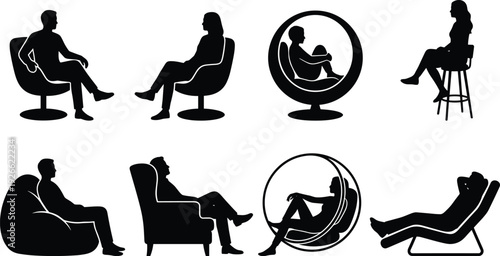 People, sitting, silhouette, set, relaxing, chair, sofa, beanbag, swing, seat, lounge, posture, human, black, vector, icon, illustration, isolated, graphic, collection