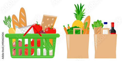 A colorful illustration of two shopping baskets filled with fresh groceries