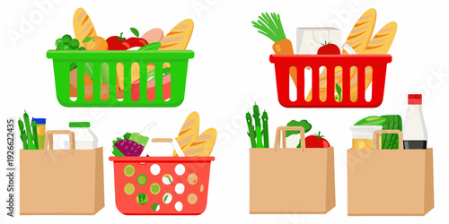 Colorful illustration depicting various grocery baskets and paper bags filled with food