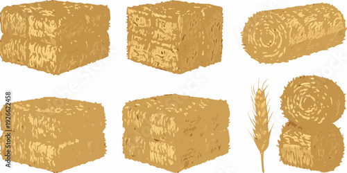 Collection of golden hay bales and wheat stalks on a white background