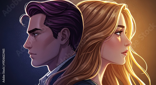 Illustration of a man and woman back to back, profiles facing opposite directions. Represents relationship, duality, contrast, or opposing forces