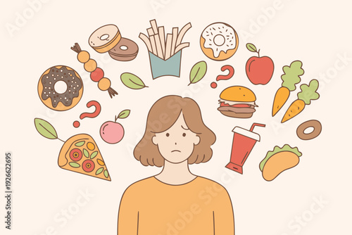 Woman overwhelmed by thoughts of various unhealthy food choices