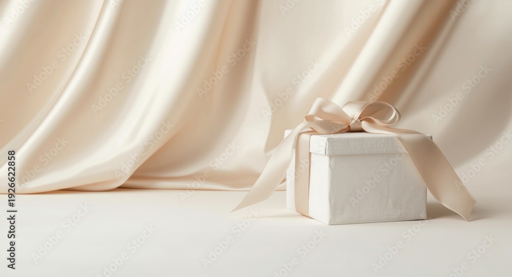 Obraz premium Soft beige holiday backdrop with a white gift box and ribbon for promotions
