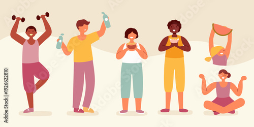 Diverse group practicing wellness activities exercise meditation and healthy eating