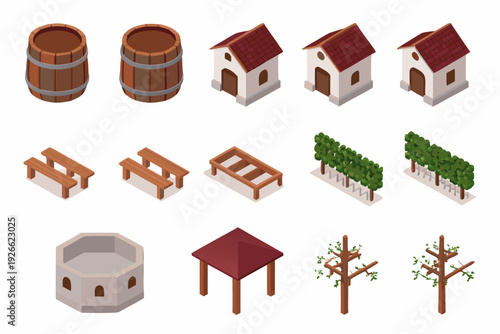 Isometric collection of barrels buildings furniture and landscaping elements