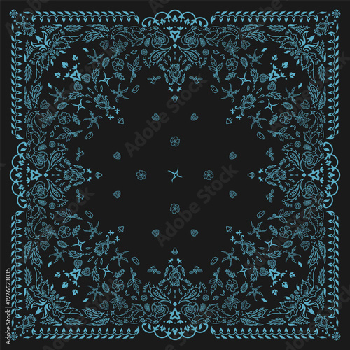 Black bandana Print. Blue floral lace paisley bandana. Pattern art rose floral flower thorns leaves square pattern design