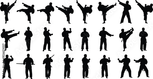 Set of Martial Arts Silhouettes Featuring Karate and Taekwondo Fighters in Dynamic Kicking, Striking, and Defense Poses, Ideal for Dojo, Training, Self-Defense, and Combat Sports Design