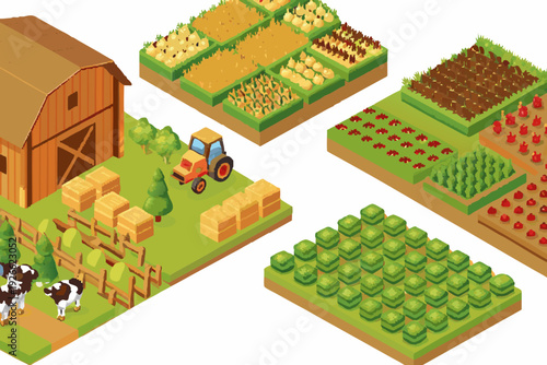 Isometric farm scene featuring fields barn and various crops