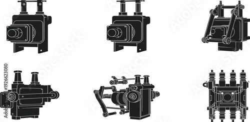 Set of mechanical industrial switchgear silhouettes, electrical power distribution components, high voltage circuit breaker parts, technical engineering hardware for electrical systems