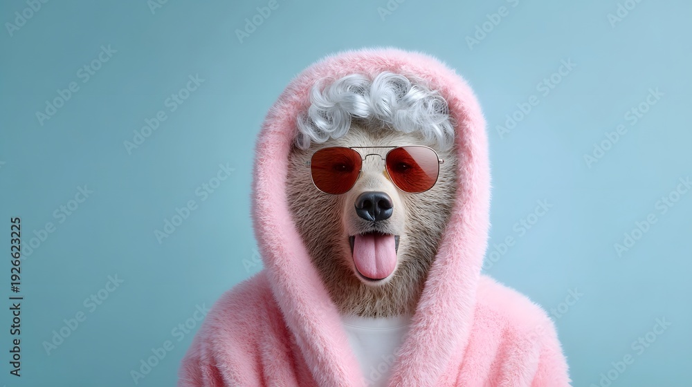Fototapeta premium Quirky studio portrait a confused bear in vintage sunglasses pink bathrobe and wig sticking out its tongue on a light blue background embodying a silly expression