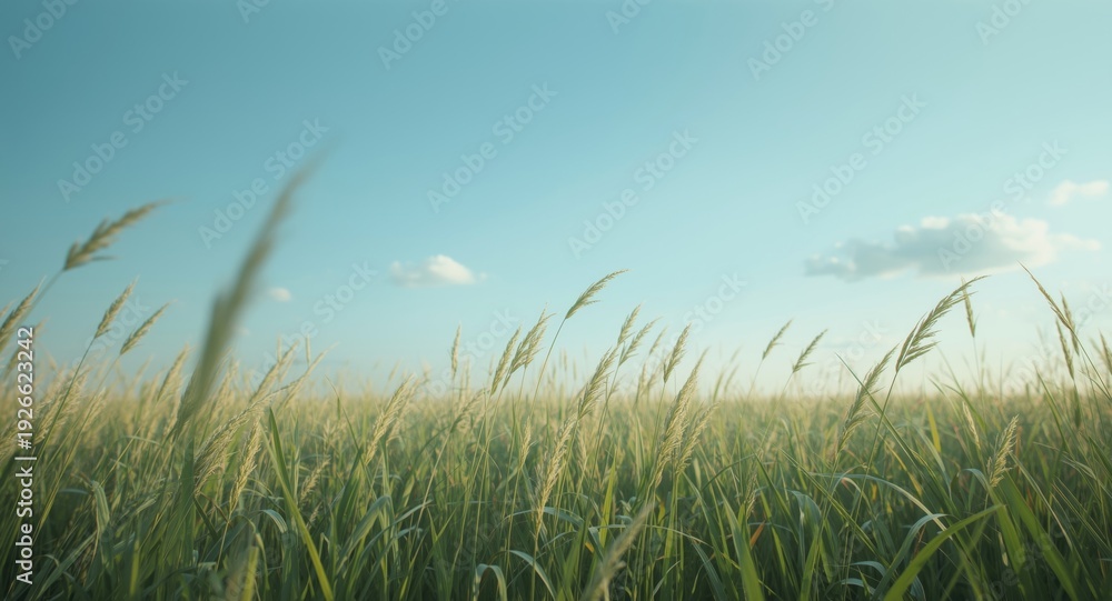 Obraz premium Soft sway of tall fresh green grass beneath an expansive calm blue sky with space for text