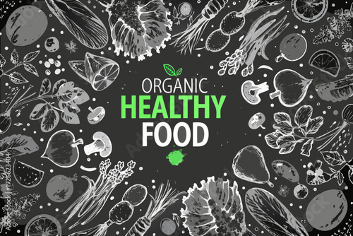 Vintage style illustration of organic fruits vegetables and mushrooms