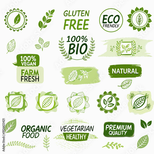 Collection of green eco labels and organic food certification symbols