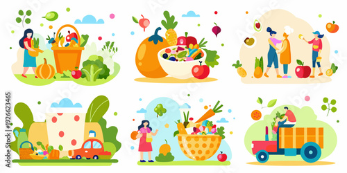 Colorful illustrations depicting a harvest and fresh produce delivery scenes