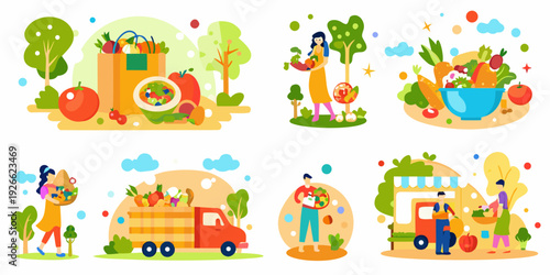 Colorful illustration depicts a farmers market and fresh produce harvest
