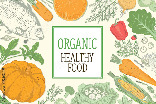 A colorful illustration showcasing organic fruits vegetables and fresh fish